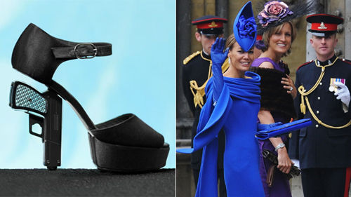 英国知名电视主持人塔拉·帕尔默-汤姆金森（右）和她的“惹事”高跟鞋（网页截图）